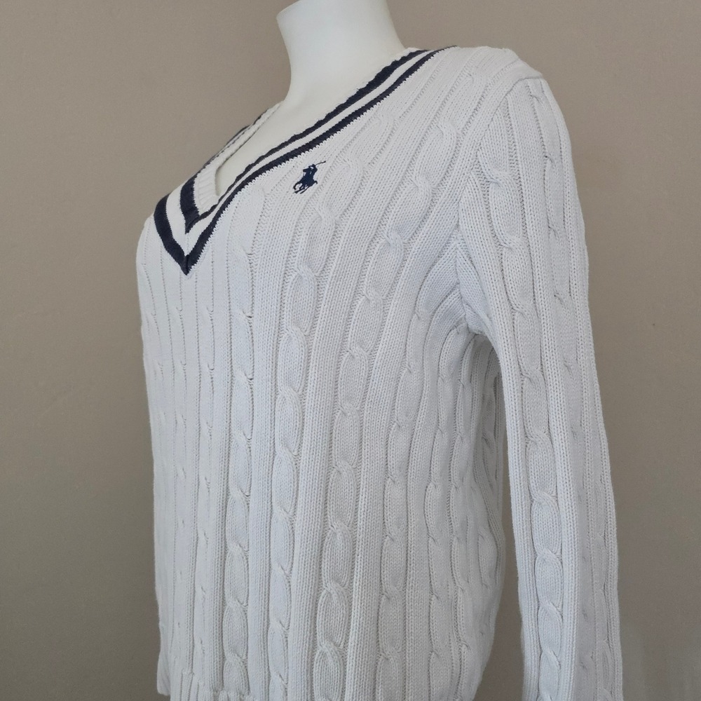 VTG Ralph Lauren Womens Cable Knit Cricket Sweater White Navy V-Neck READ 4 SIZE - Picture 2 of 8